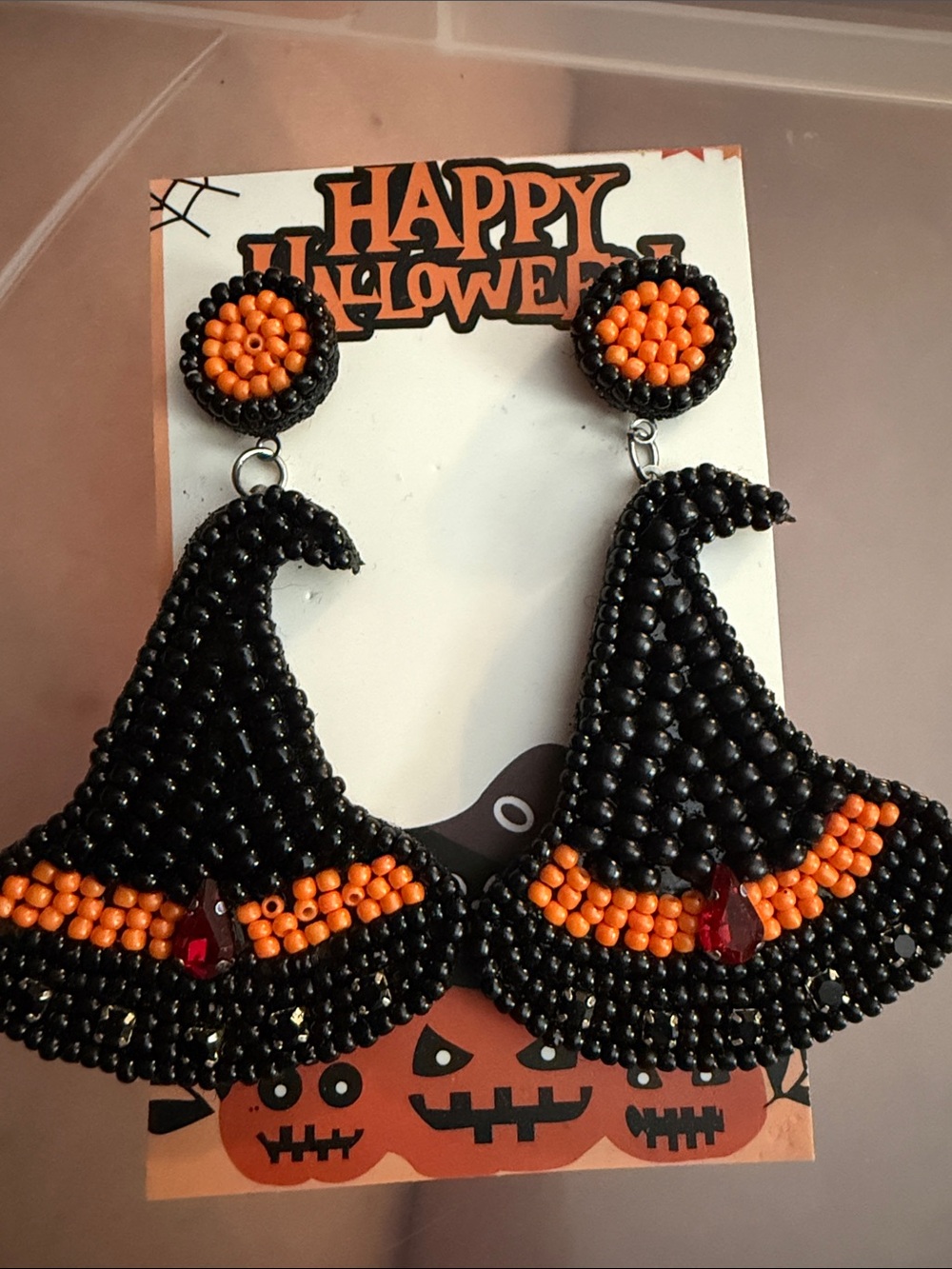 Women’s Halloween Beaded Witch Hat Earrings - Black & Orange